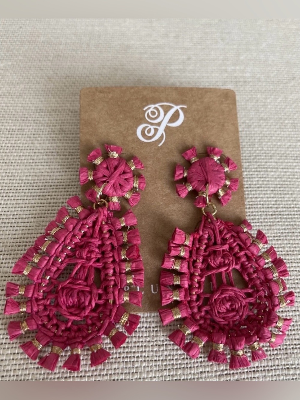 Plunder Hot Pink Woven Teardrop Earrings with Gold Trim